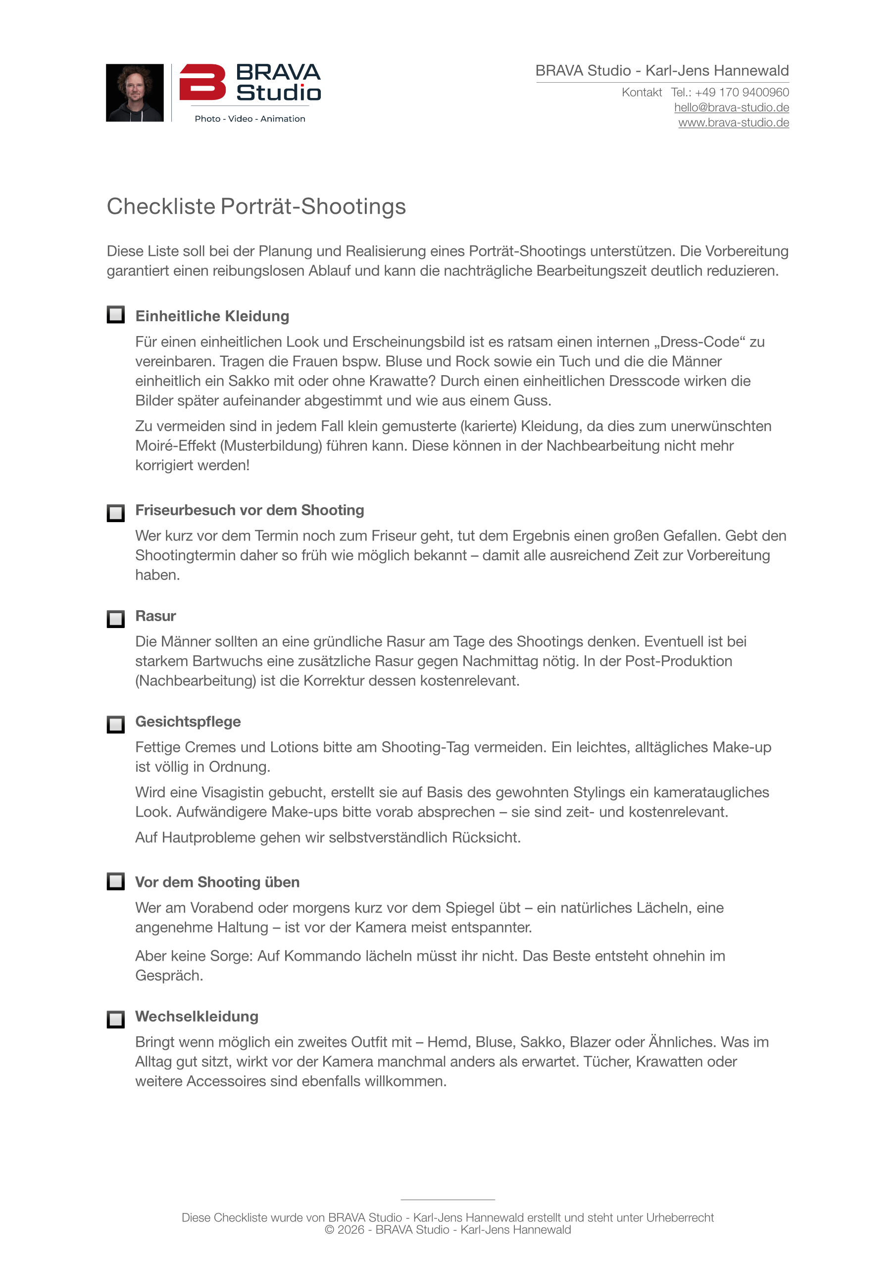 Checkliste zur Vorbereitung von Portraitshootings (Seite 1)