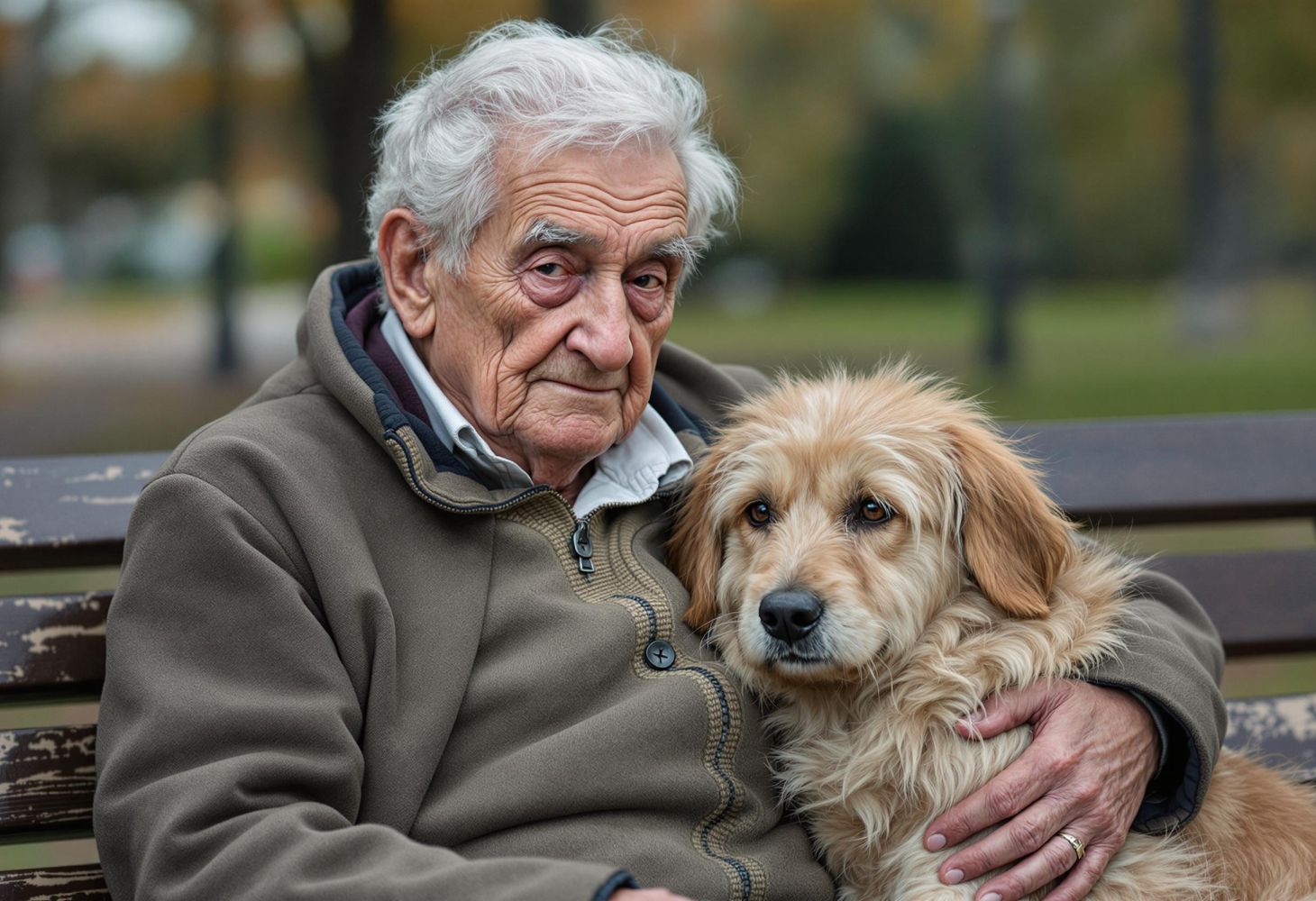 Ein alter Mann sitzt auf einer Parkbank und hält seinen Hund im Arm.
